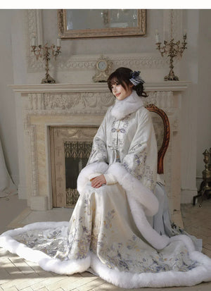 Complete snowlit clouds ming dynasty hanfu set winter fur lined cross front jacket and ma mian skirt full length view