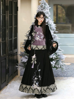 Complete swallow return modern hanfu set layered vest and skirt for autumn winter daily chinese fashion full length view