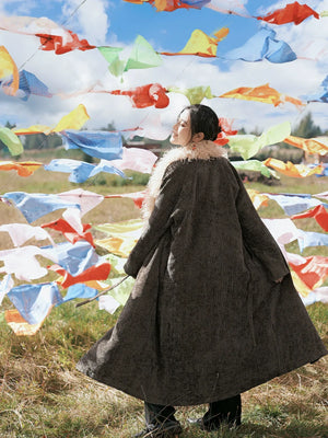 Complete trench coat with detachable fur set reimagined tibetan inspired design for women winter full length view