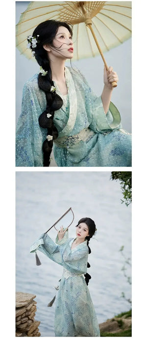 Complete whisper of spring new chinese set embroidered blue hanfu dress with waist sash and elegant straight cut robe full length view