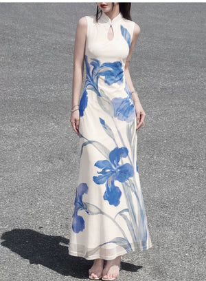 Complete white iris cheongsam set sleeveless stand up collar long holiday temperament art skirt dress full length view