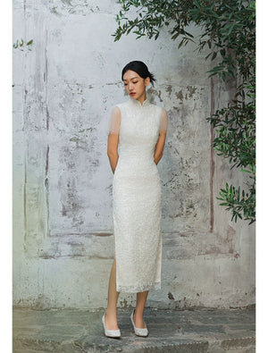 Complete white lace cheongsam wedding dress set chinese modified sleeveless toast bridal gown for engagement party full length view