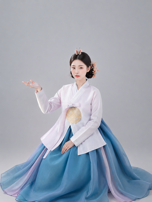 Complete women white ruqun teal set gradient mamianqun hanbok outfit for traditional wear full length view