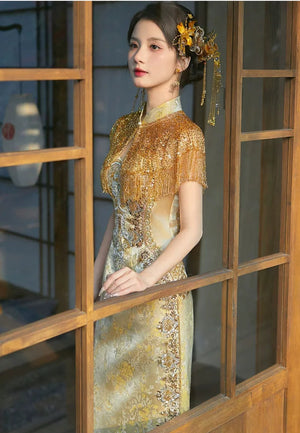 Complete xiuhe cheongsam wedding dress set suzhou embroidery dragon phoenix jacket bridal gown full length view