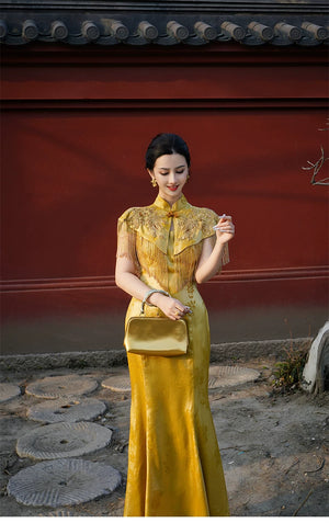 Complete zhiye jinchan new chinese set mulberry silk bead embroidered tassel cloud shoulder fishtail cheongsam full length view