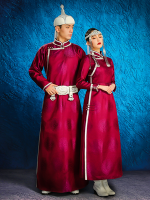 Couple mongolian wedding robe rose red traditional dress set for bride and groom ceremony front view