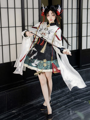 Crane embroidery lolita dress and skirt set cute lolita outfit with long sleeve blouse back view