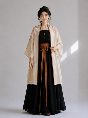 Cream white modern hanfu song dynasty cardigan black top song style pants rust belt daily commute set for women back view