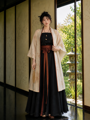 Daily commute modern hanfu cream white song dynasty cardigan and black top with song style pants and rust belt for women fabric and belt detail