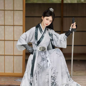 Dark green white ink wash hanfu swordwoman robe traditional chinese martial arts costume for women back view