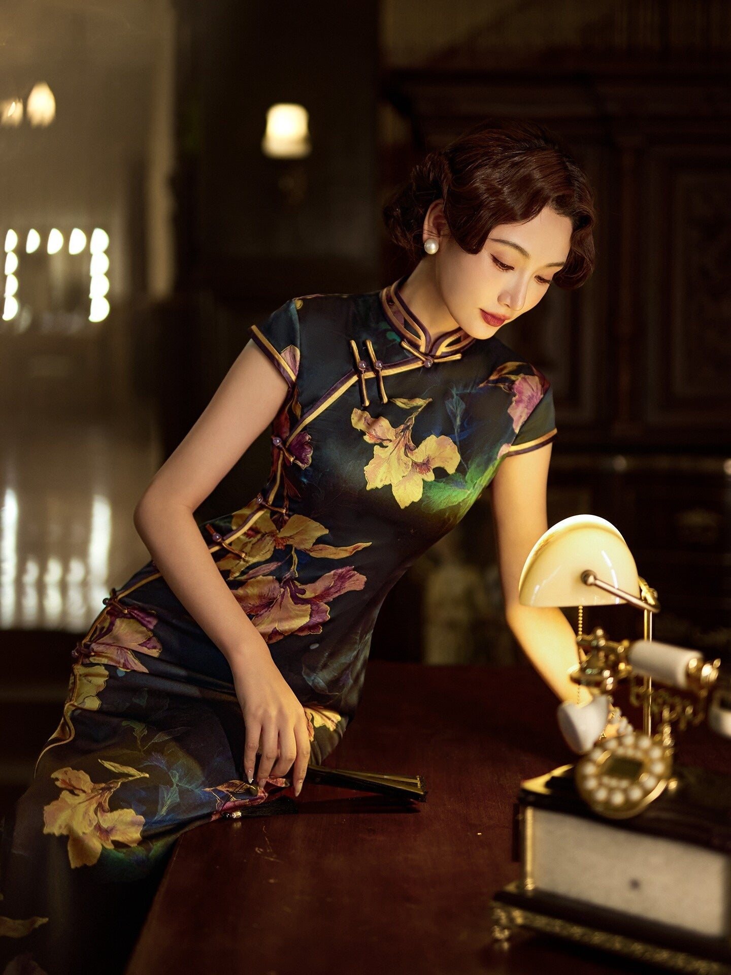 Dark Silk Cheongsam Dress | Gold Floral Embroidery Qipao with Mandarin Collar for Women