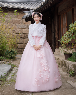 Dreamy bridal women hanbok white long sleeve jeogori and pink 3d floral tulle chima skirt with floral headpiece for bride fabric and floral detail