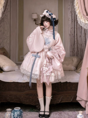 East meets west pink two piece set romance embroidered hanfu blouse and over skirt for women front view