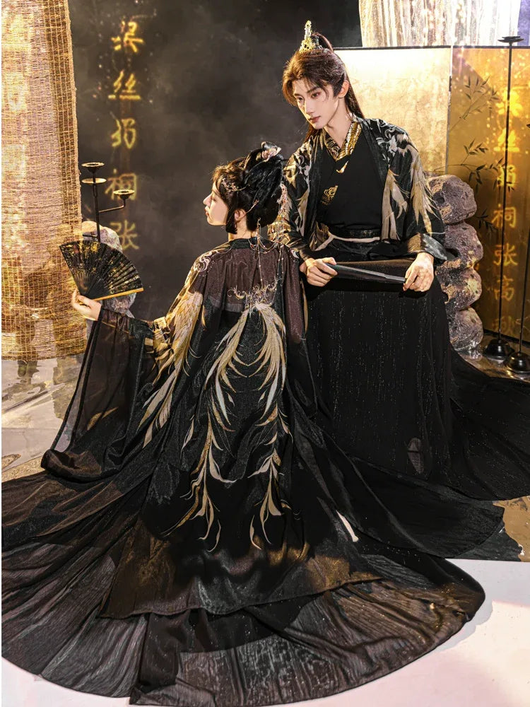 Elegant black and gold tang style hanfu set traditional chinese outfit wide sleeve robe printed hezi skirt for bride and groom side view