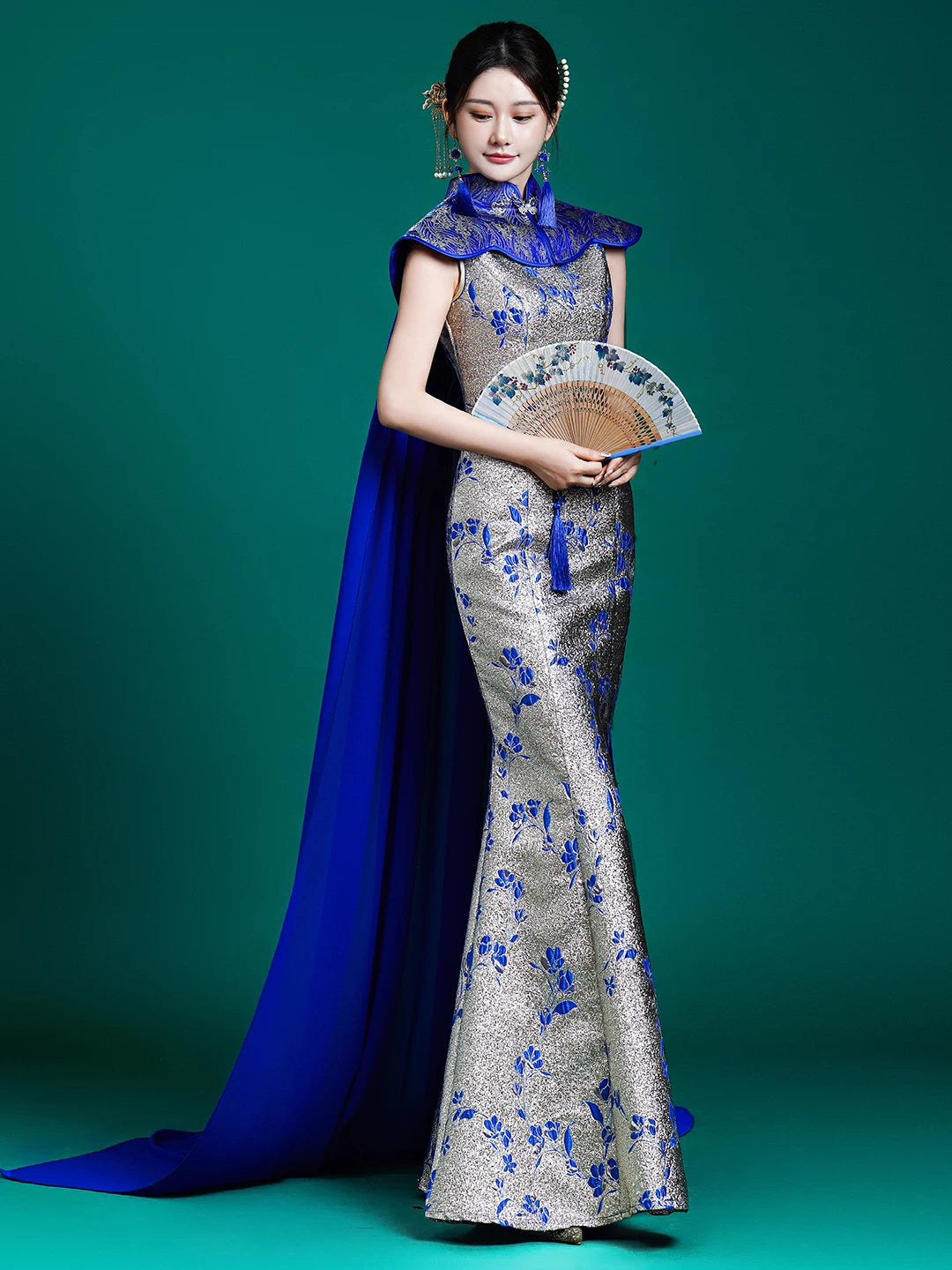 Elegant blue white porcelain catwalk cheongsam cape new chinese evening host dress with long fishtail skirt side view