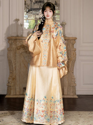 Elegant brocade chinese ming style outfit brocade jacket paired with traditional mamian skirt standing front