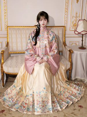 Elegant brocade ming dynasty jacket and mamian skirt traditional chinese hanfu set for women front view