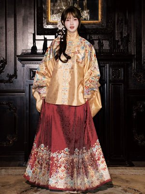Elegant brocade ming dynasty women hanfu embroidered jacket and flowing mamian horse face skirt fabric detail