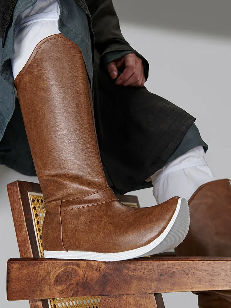 Elegant brown leather hanfu boots for men waterproof traditional shoes with ming song dynasty inspired pointed toe design side view
