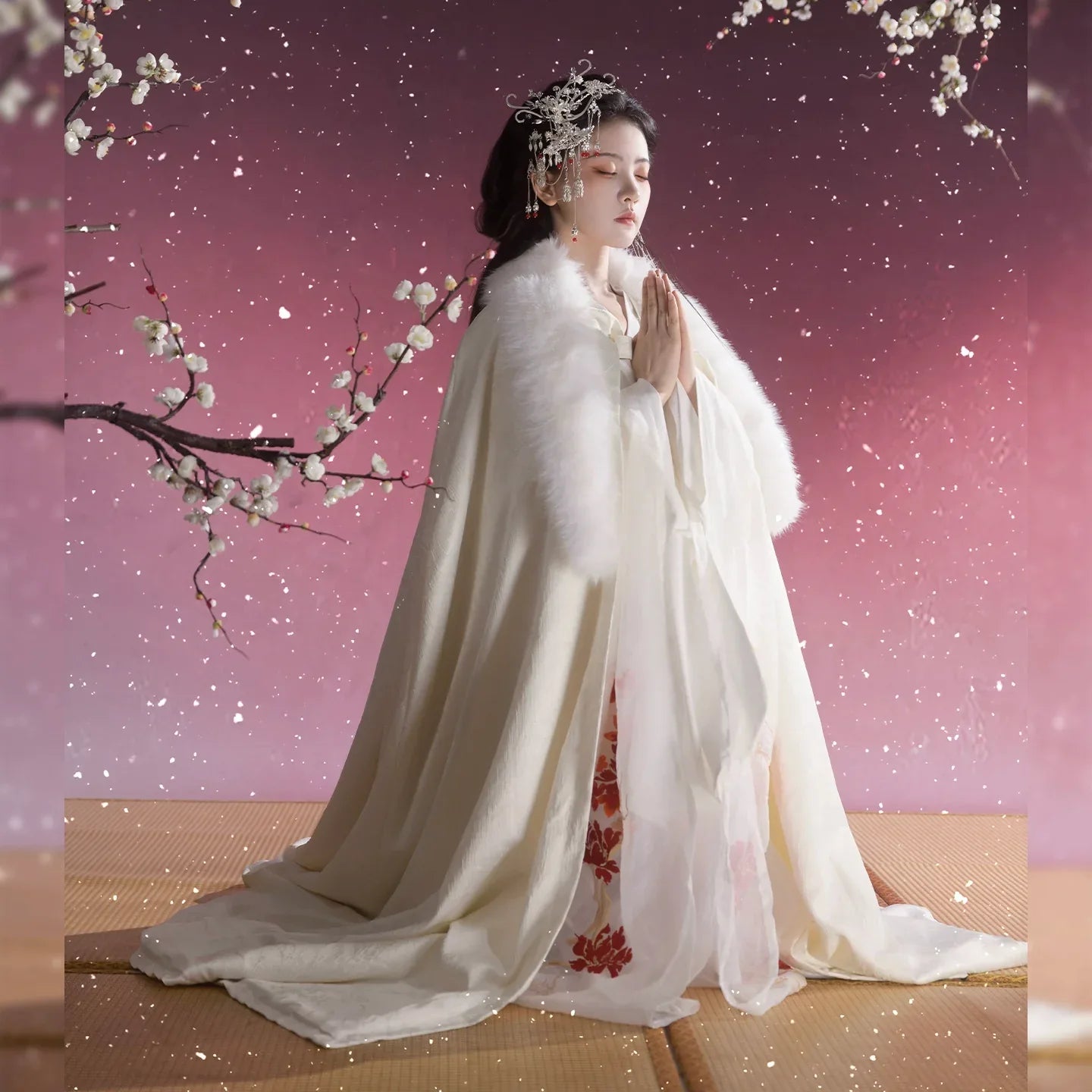 Elegant camellia snow white battle robe original embroidered warring states inspired hanfu set for women side view