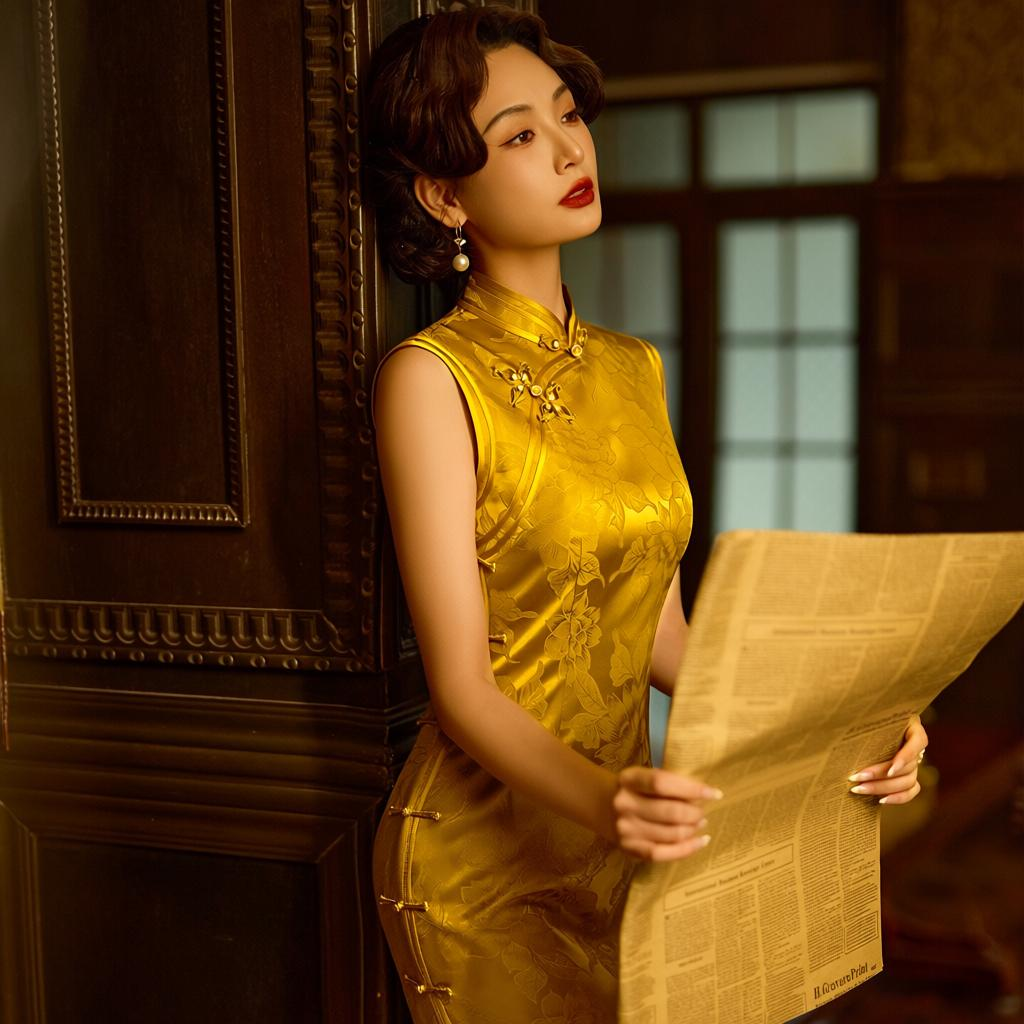 Elegant cheongsam qipao golden yellow satin sleeveless slim maxi dress with floral brooch in vintage elegant style for women side view