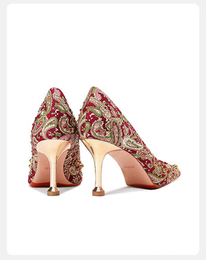 Elegant chinese wedding heels red brocade floral embroidered pointed toe stiletto pumps with pearl charm bridal shoes for cheongsam qipao bride side view