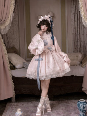 Elegant east meets west pink hanfu set romance embroidered blouse with matching over skirt two piece side view