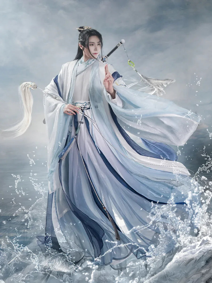 Elegant eight immortals crossing the sea song hanfu blue and white men traditional wear for men side view
