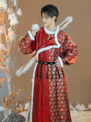 Elegant first dawn fur lined tang robe gold brocade new year edition unisex for holiday celebrations side view