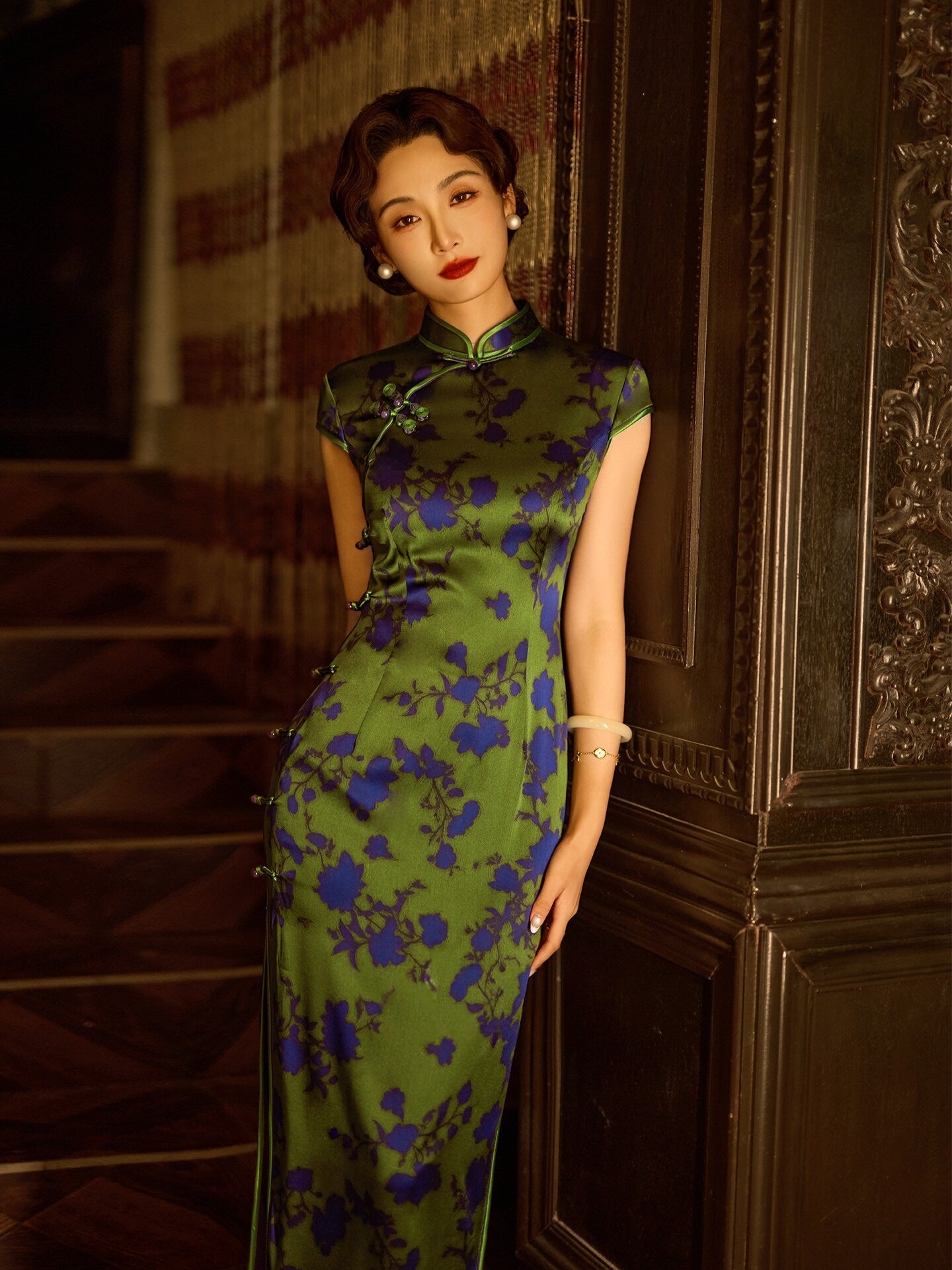 Elegant forest green silk cheongsam dress blue floral print long qipao with mandarin collar for women side view