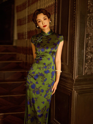 Elegant forest green silk cheongsam dress blue floral print long qipao with mandarin collar for women side view