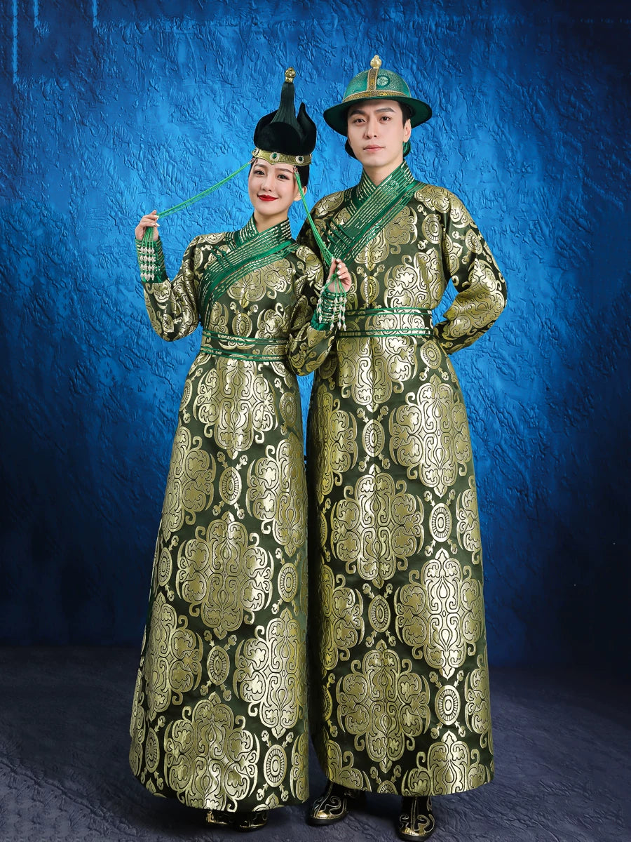 Elegant green mongolian traditional wedding robe parent child and couple matching outfit set for wedding celebration side view
