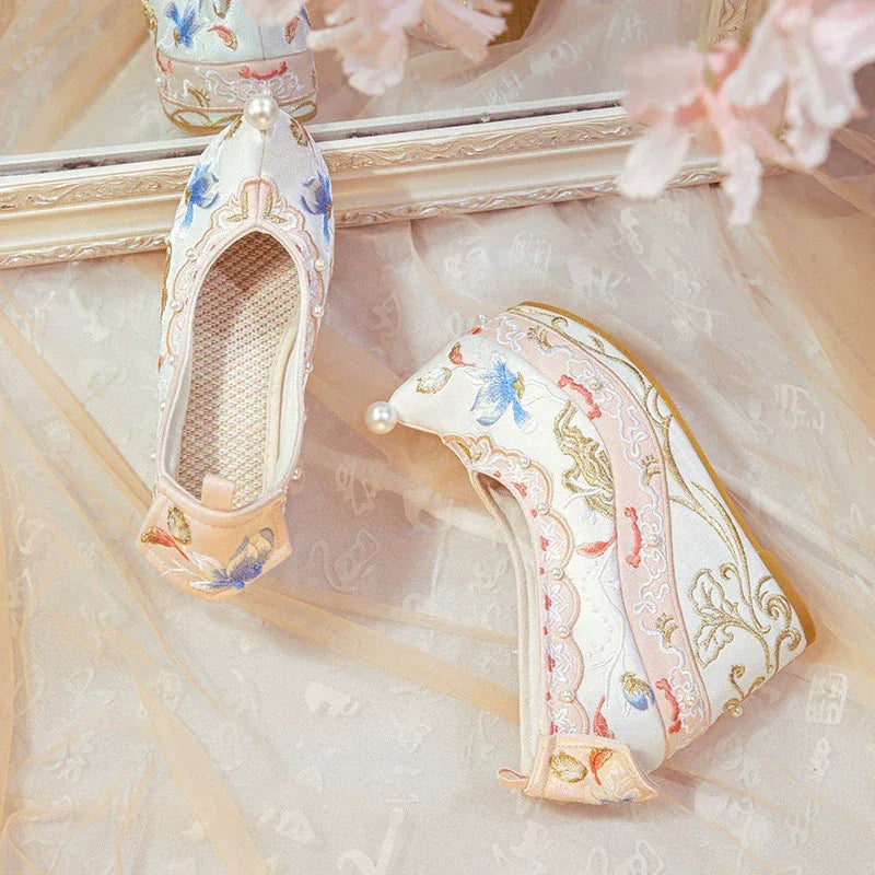 Elegant hanfu embroidered heels song style qipao shoes with pearl detail 10cm lift for women side view