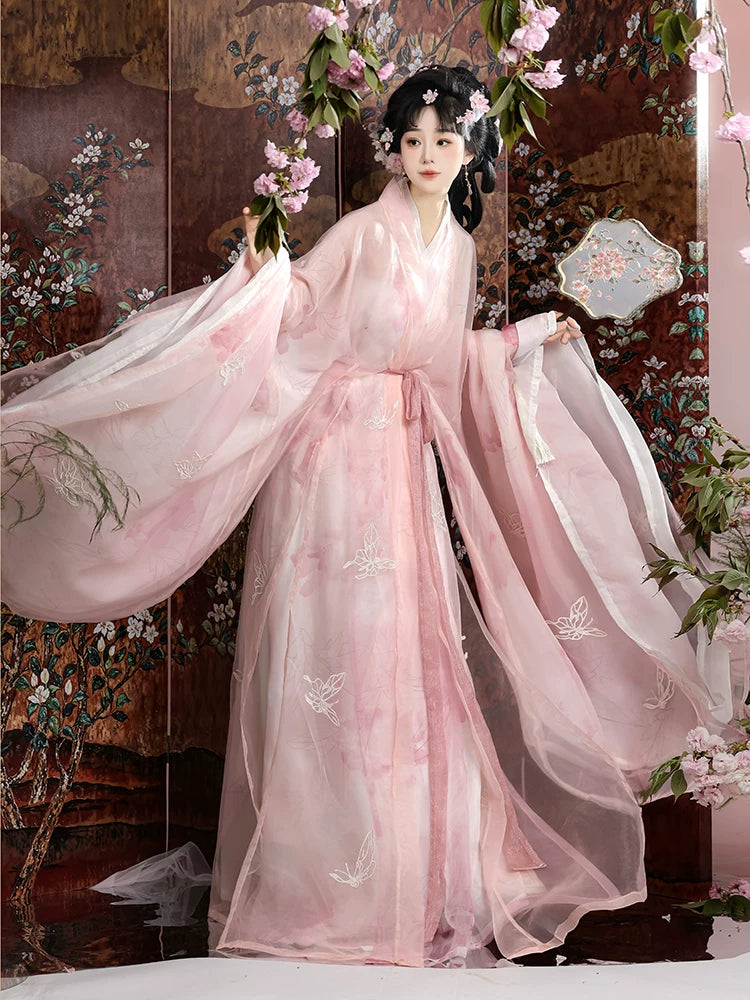 Elegant hanfu pink gradient wide sleeve robe floral embroidery with layered chiffon skirt dress set for women side view