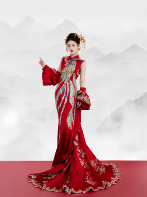 Elegant high end bridal cheongsam thin engagement toasting clothes with trailing xiuhe style slim dragon phoenix jacket return dress side view