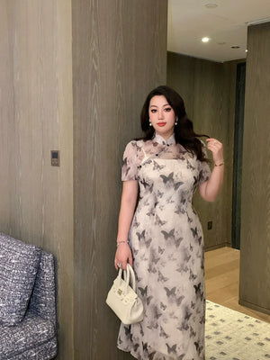 Elegant ink butterfly qipao new chinese style dress with vintage charm and flowing silhouette side view