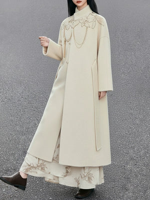 Elegant lily whisper white long coat ivory embroidered warm high neck everyday elegance outerwear for women side view