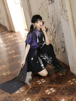 Elegant lolita hanfu set dark purple top with black pu asymmetric skirt and sheer ribbon gothic streetwear style for women side view
