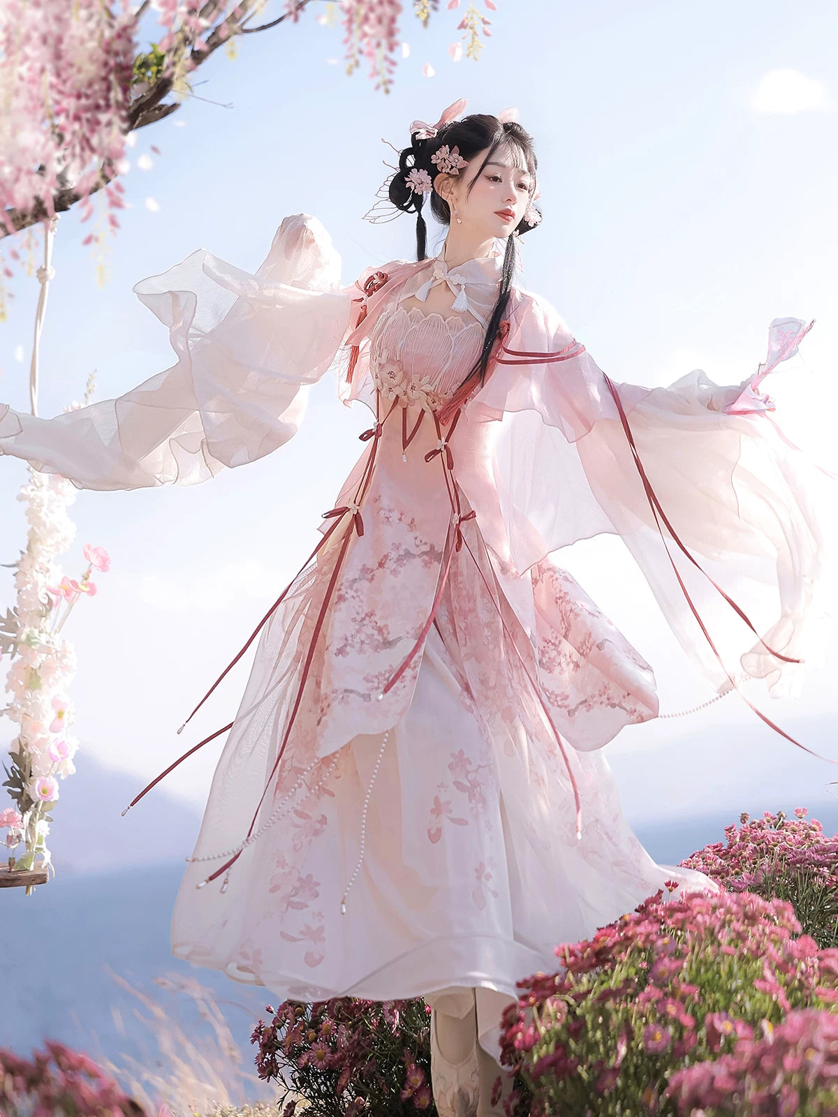 Elegant lolita hanfu set pink white sheer wide sleeve outer robe with lace up mini skirt and tassel belt sakura fairy style for women side view