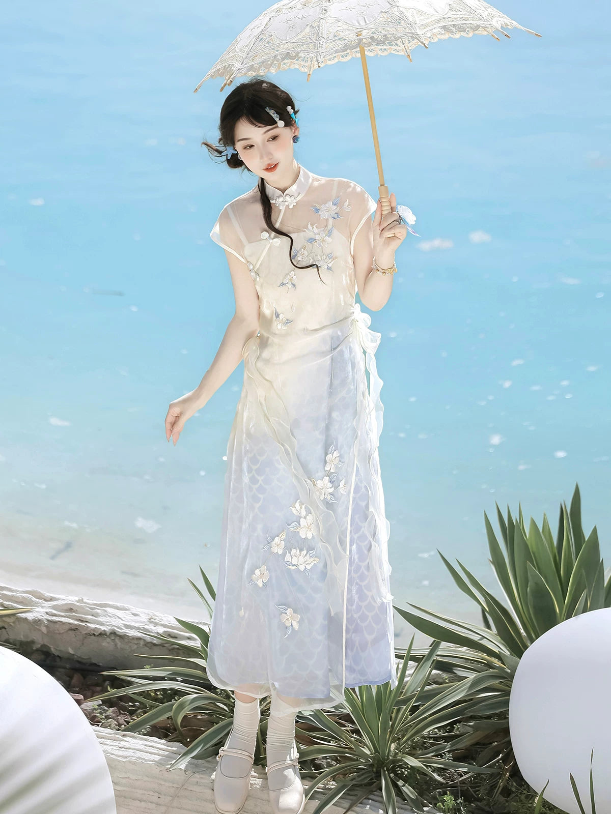 Elegant lolita qipao white blue gradient sleeveless midi dress with 3d floral petal detail mandarin collar fairy style for women side view