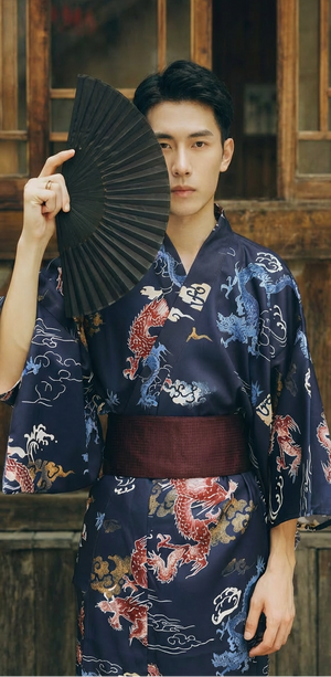 Elegant men black white wave print kimono traditional japanese yukata long sleeve robe for men side view