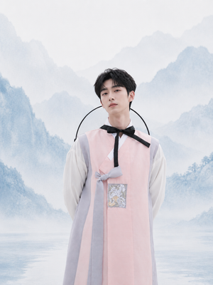 Elegant men hanbok light pink white traditional korean robe with black ribbon in classic court style for men side view