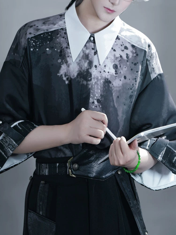 Elegant men urban hanfu set dark grey ink floral embroidered short sleeve top with black wide leg pants for men side view