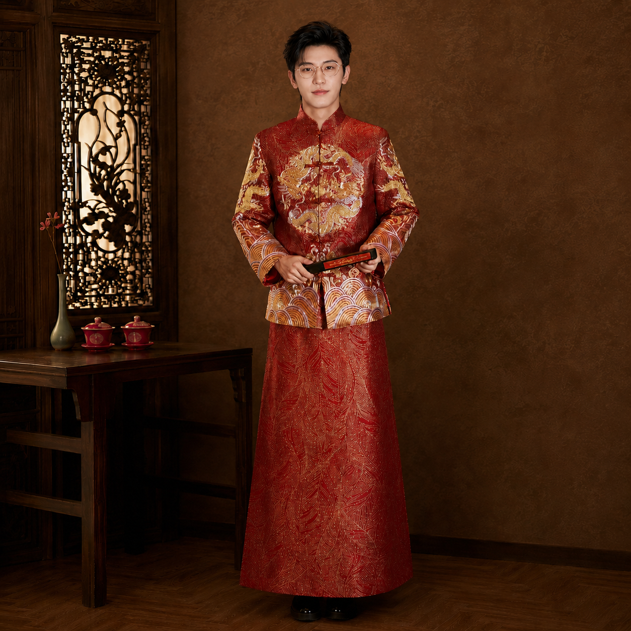 Elegant men xiuhe wedding suit red gold dragon phoenix embroidered long sleeve mandarin collar groom outfit traditional chinese wedding for men side view