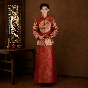Elegant men xiuhe wedding suit red gold dragon phoenix embroidered long sleeve mandarin collar groom outfit traditional chinese wedding for men side view
