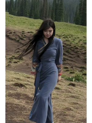 Elegant mist blue brocade dress tibetan inspired silhouette with refined oriental elegance for daily side view