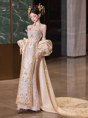 Elegant misty river song style hanfu set floral embroidered beizi jacket with flowing pleated skirt for women side view