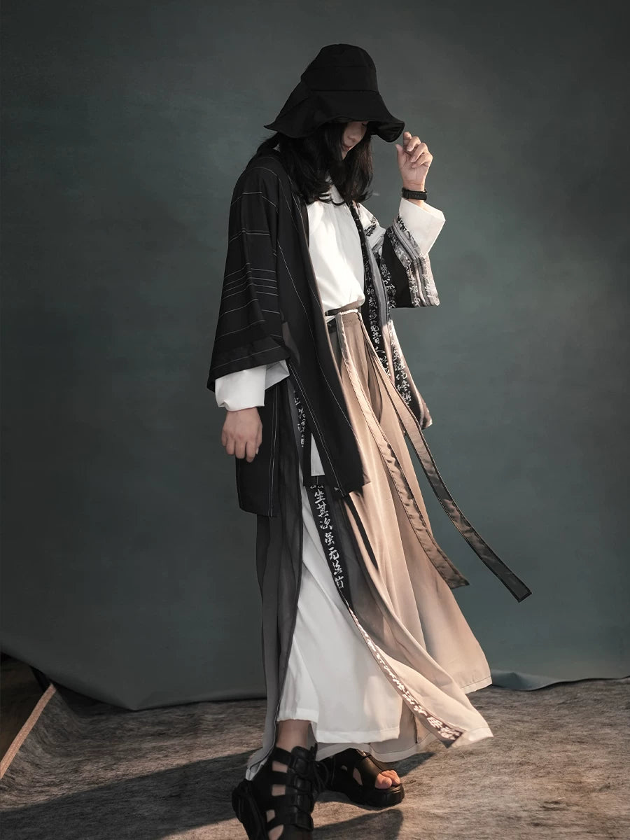 Elegant modern dark hanfu set black gradient sheer outer robe with wide leg pants streetwear style for women side view