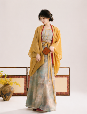 Elegant modern hanfu mustard yellow tang dynasty cardigan wide sleeve sun protection top with printed wide leg pants summer commute for women side view