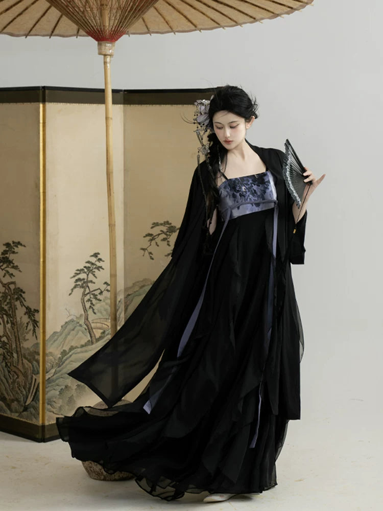 Elegant modern hanfu set black wide sleeve sheer robe with blue purple embroidered slip top and layered tulle skirt dark fairy style for women side view